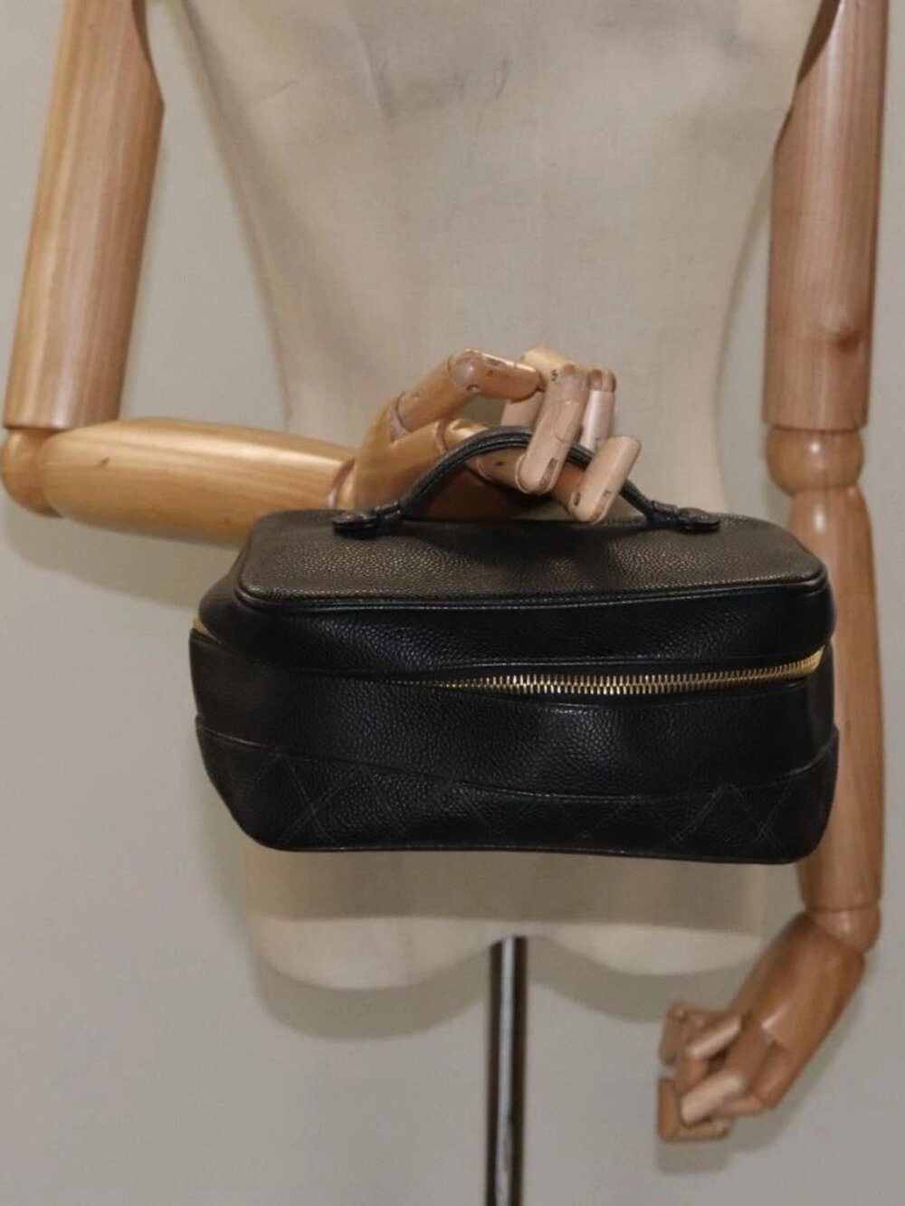 CHANEL Bicolore Vanity Hand Bag Grained Calf Skin Black CC Auth yb789